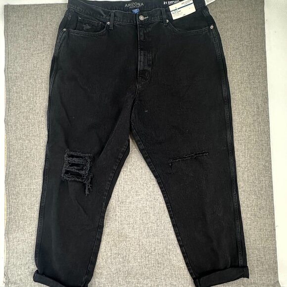 NEW! Arizona Jean Curvy Mom Jeans High Rise MSRP $49 Size 21 Black Ripped Distre - Picture 1 of 14
